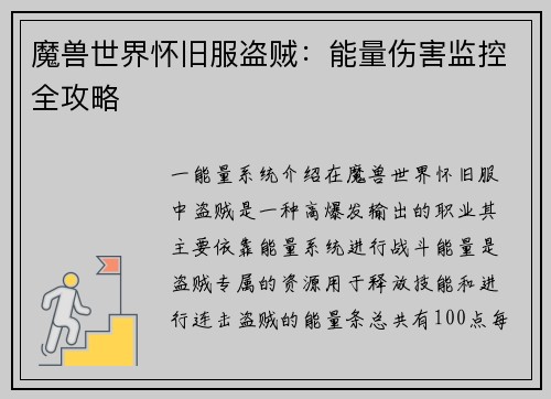 魔兽世界怀旧服盗贼：能量伤害监控全攻略