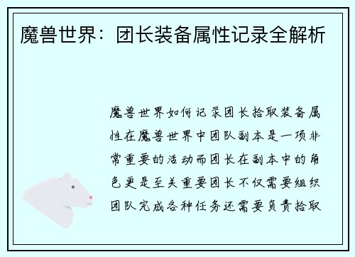 魔兽世界：团长装备属性记录全解析